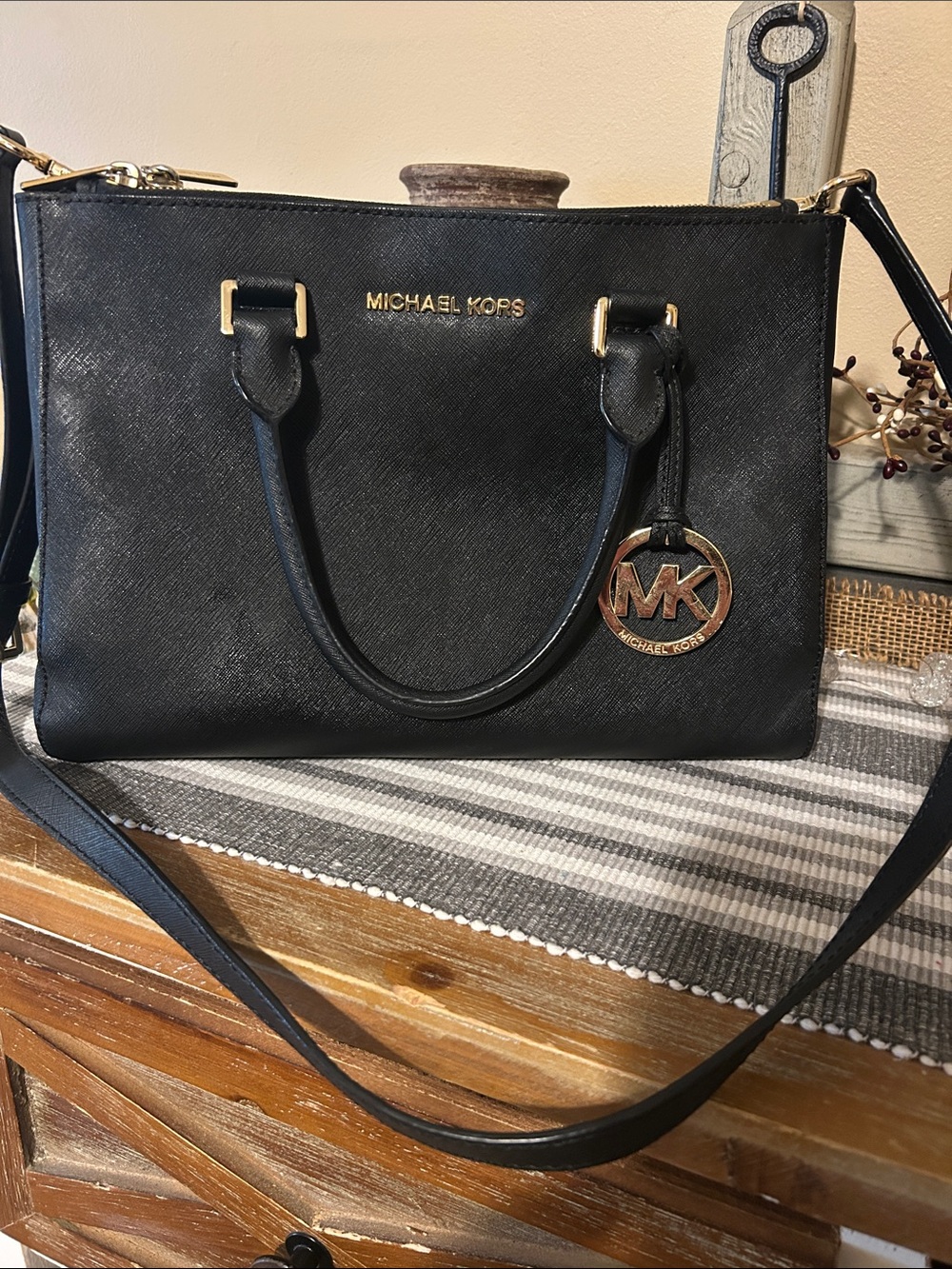 Michael Kors Black Saffiano Satchel with Gold MK Charm